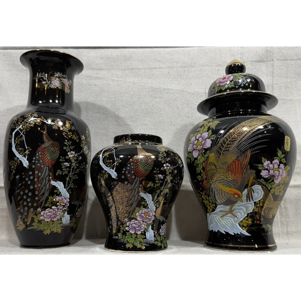 Yamaji Japan Black Porcelain Vase Set 3pc Peacock Floral Gold Trim Chinoiserie